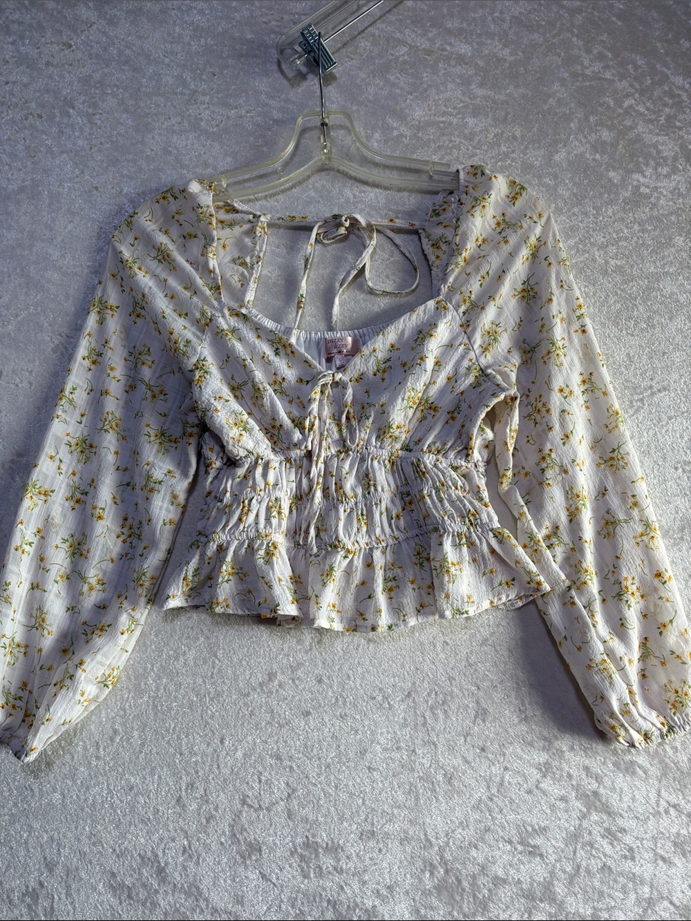 DIZZY LIZZY Floral Tie Back Peplum Blouse White with Yellow Floral Womens Large